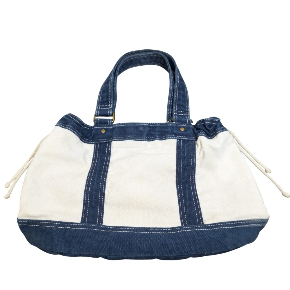 Unbranded Canvas Tote Bag Womens Medium White Blue Nautical Drawstring Handbag
